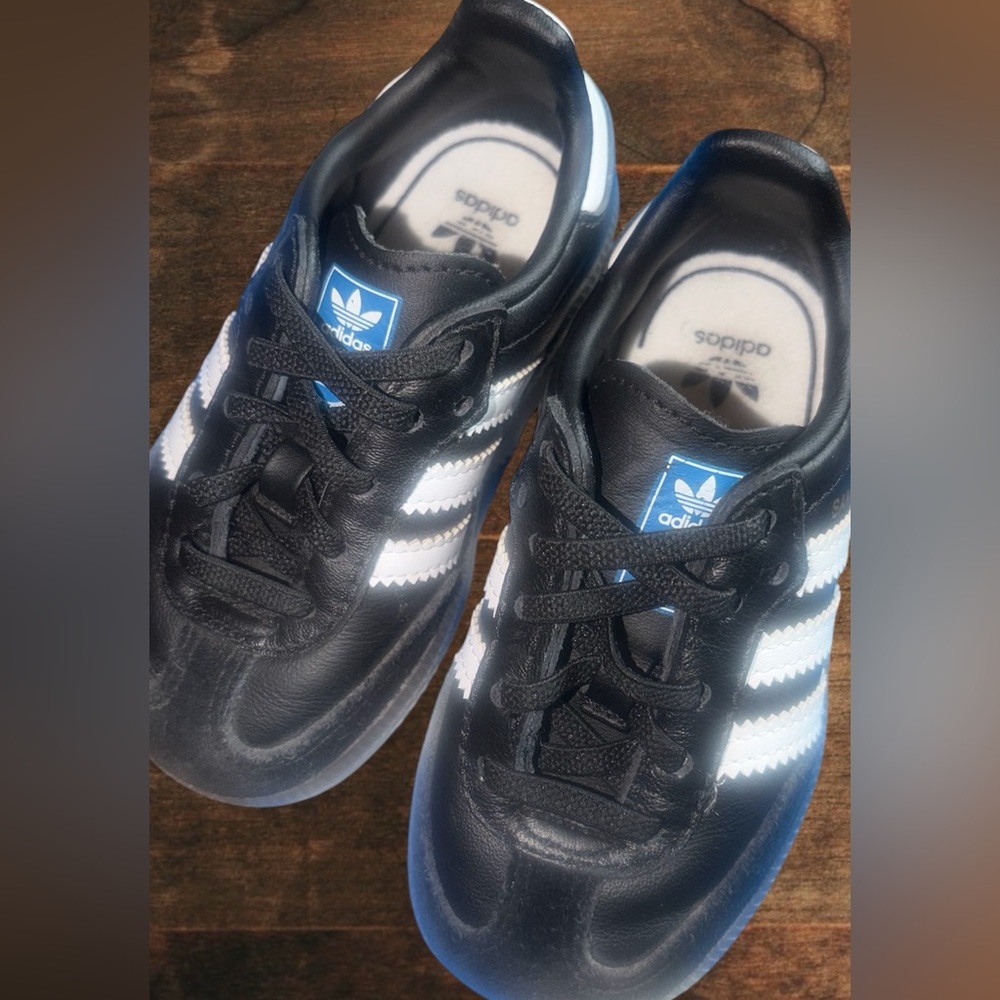 adidas Black and White Leather Sneakers with Blue Logo